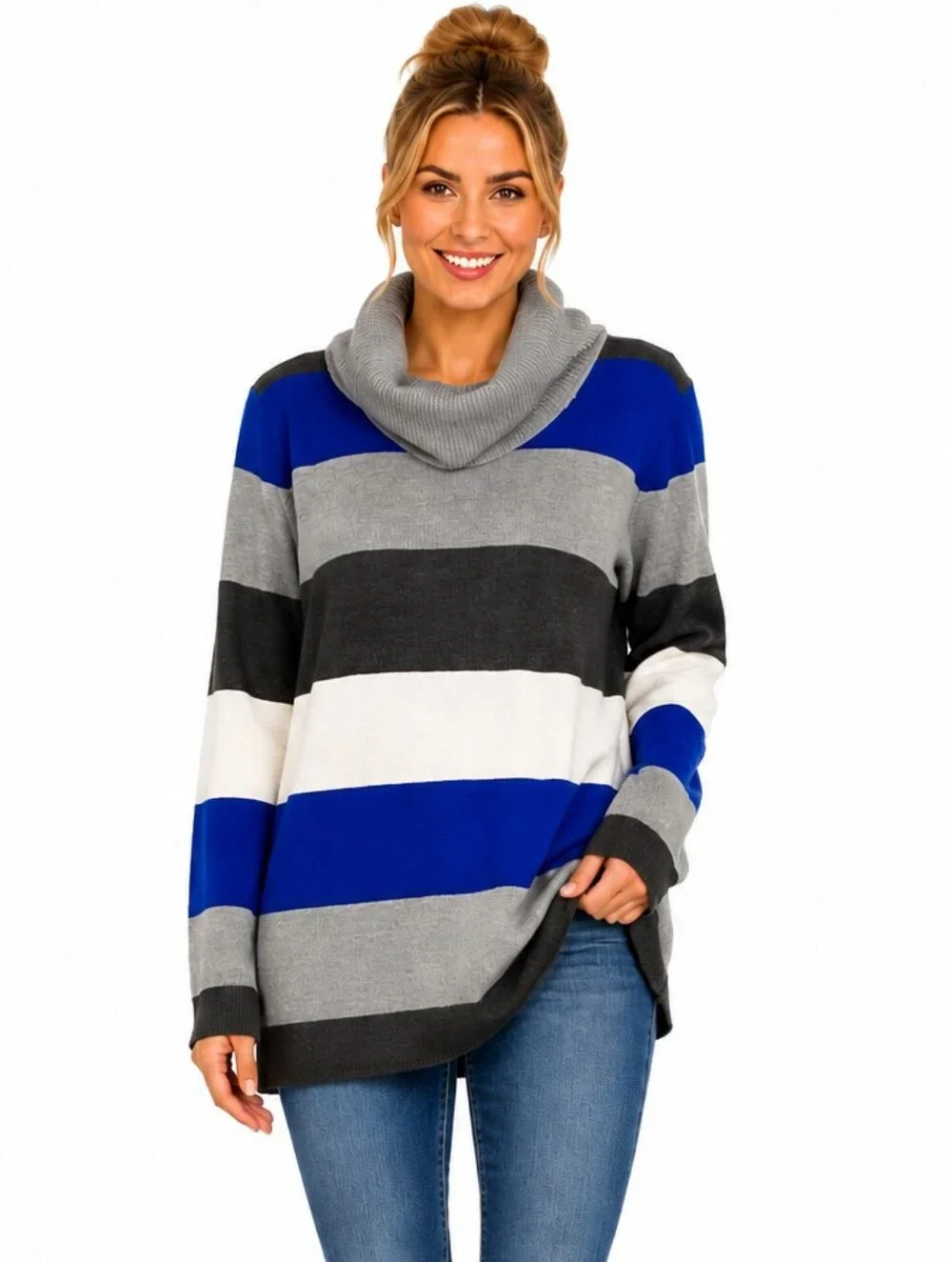 CABLE & GAUGE Striped Cowl Sweater in Blue, Gray & White - SIZE Large NWT - Picture 6 of 7